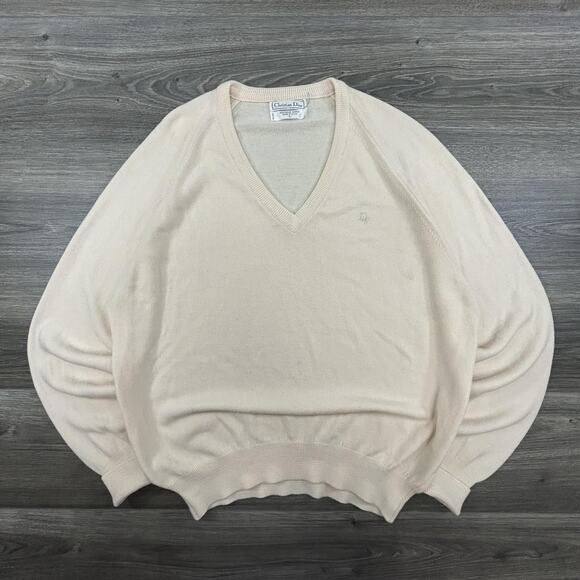 Vintage Christian Dior Sweater Mens Large Ivory V-Neck Orlon Acrylic Made USA - Picture 1 of 7